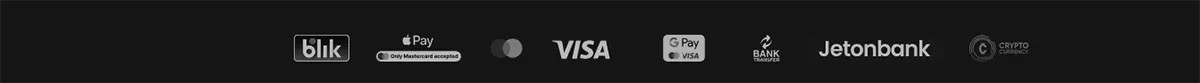 Payment method icons banner showing Blik, Apple Pay (Mastercard only), Visa, Google Pay, bank transfer, Jetonbank, and cryptocurrency.