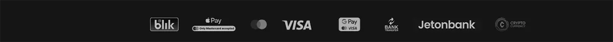 Payment method icons banner showing Blik, Apple Pay (Mastercard only), Visa, Google Pay, bank transfer, Jetonbank, and cryptocurrency.