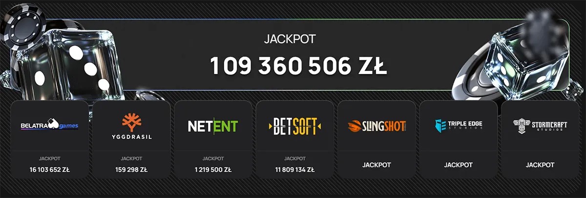 Casino jackpot banner with shiny dice and chips, showing “JACKPOT 109 360 506 ZŁ” and a row of game provider tiles (Belatra, Yggdrasil, NetEnt, Betsoft, Slingshot, Triple Edge, Stormcraft) with jackpot labels and amounts.