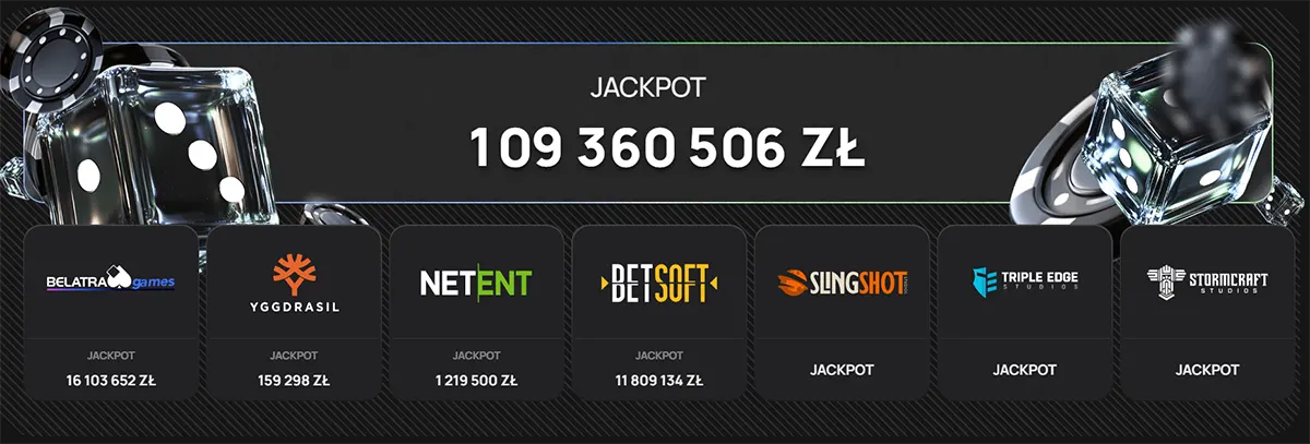 Casino jackpot banner with shiny dice and chips, showing “JACKPOT 109 360 506 ZŁ” and a row of game provider tiles (Belatra, Yggdrasil, NetEnt, Betsoft, Slingshot, Triple Edge, Stormcraft) with jackpot labels and amounts.