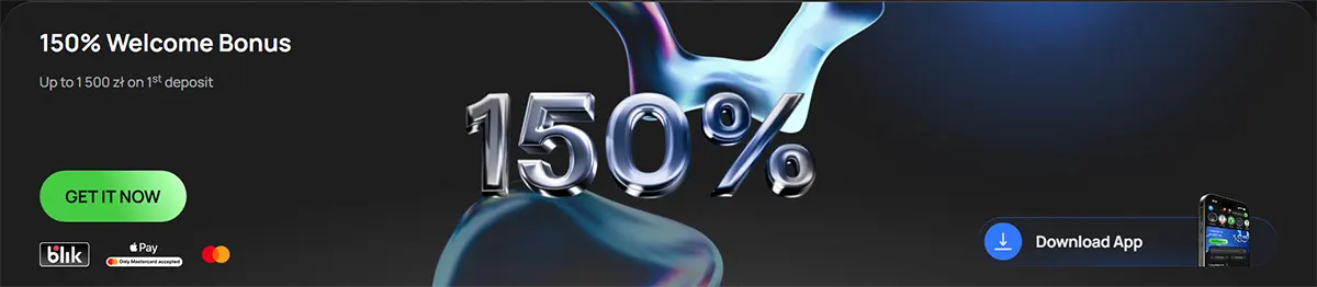Promotional casino banner showing a “150% Welcome Bonus” (up to 1500 zł on 1st deposit), large 150% graphic, “Get it now” button, Blik/Apple Pay/Mastercard icons, and a “Download App” button with a phone preview.
